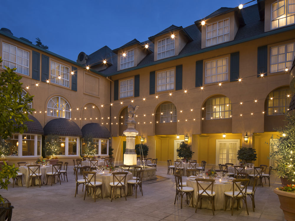 Courtyard With String Lights Tables